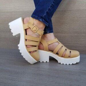Tan Platform Sandals Buckle Strap Chunky White Sole Multi Strap Design